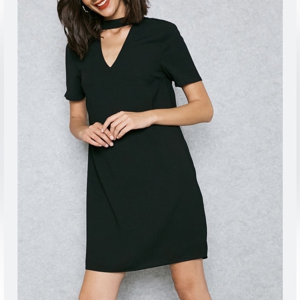 Zara Woman Little black dress shift mock / V‎ neck keyhole Sz 5